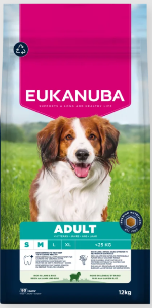 Eukanuba Life Care Adult S/M sausas maistas mažų ir vidutinių veislių šunims su ėriena ir ryžiais, 12 kg