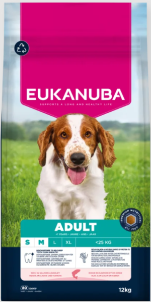 Eukanuba Life Care Adult S/M sausas maistas mažų ir vidutinių veislių šunims su lašiša ir miežiais, 12 kg