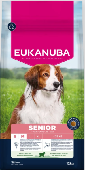 Eukanuba Life Care Senior S/M sausas maistas senyviems mažų ir vidutinių veislių šunims su ėriena ir ryžiais, 12 kg
