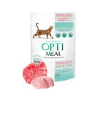 Optimeal™ VISAVERTIS KONSERVUOTAS PAŠARAS STERILIZUOTOMS KATĖMS IR KASTRUOTIEMS KATINAMS SU JAUTIENA IR KALAKUTIENOS FILĖ DREBUČIUOSE 0,85g.