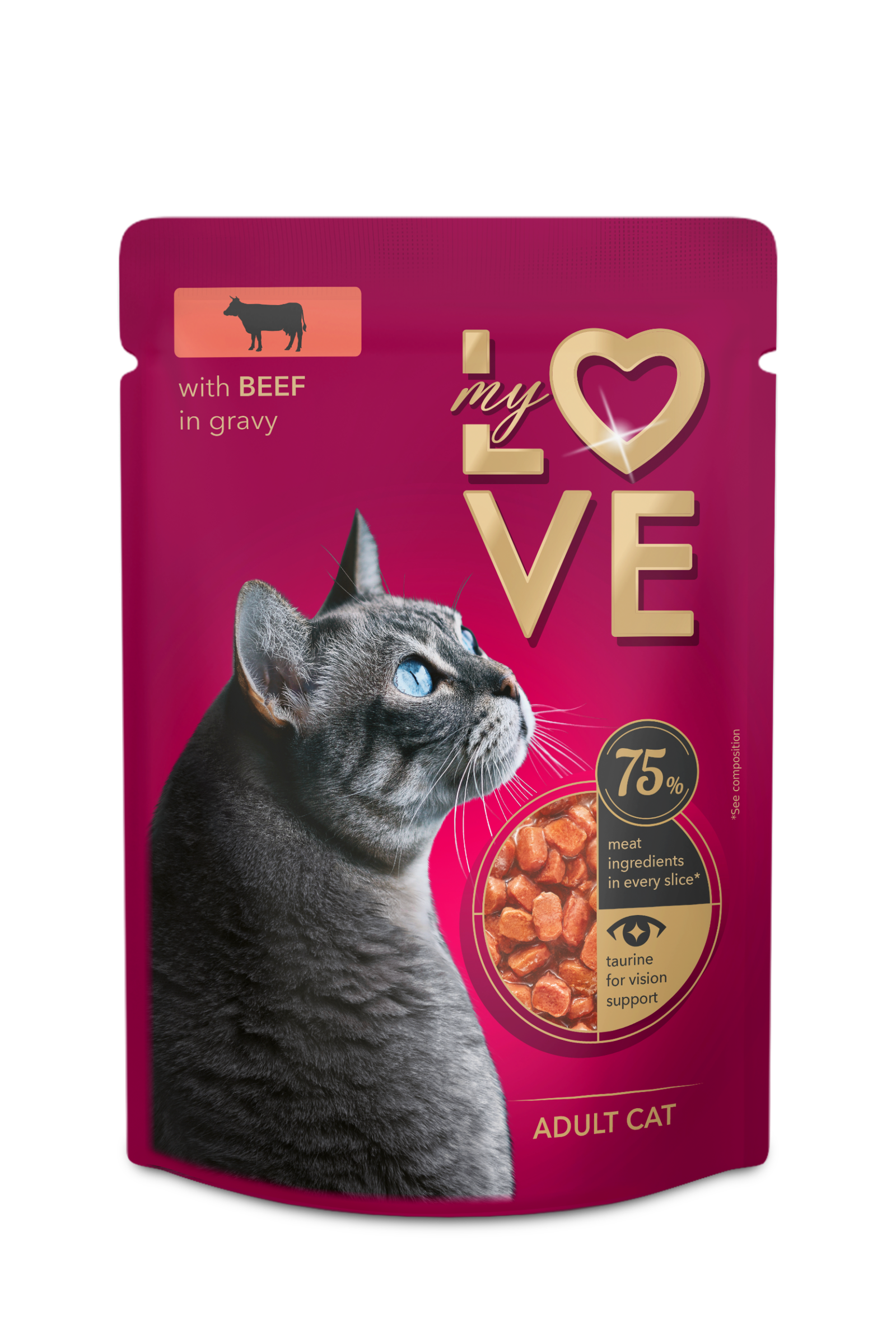 MY LOVE Visavertis konservuotas ėdalas suaugusioms katėms su jautiena švelniame padaže 85g.