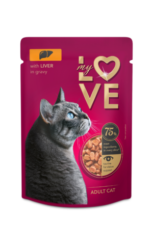 MY LOVE Visavertis konservuotas ėdalas suaugusioms katėms su kepenėlėmis švelniame padaže 85g. * 24vnt.