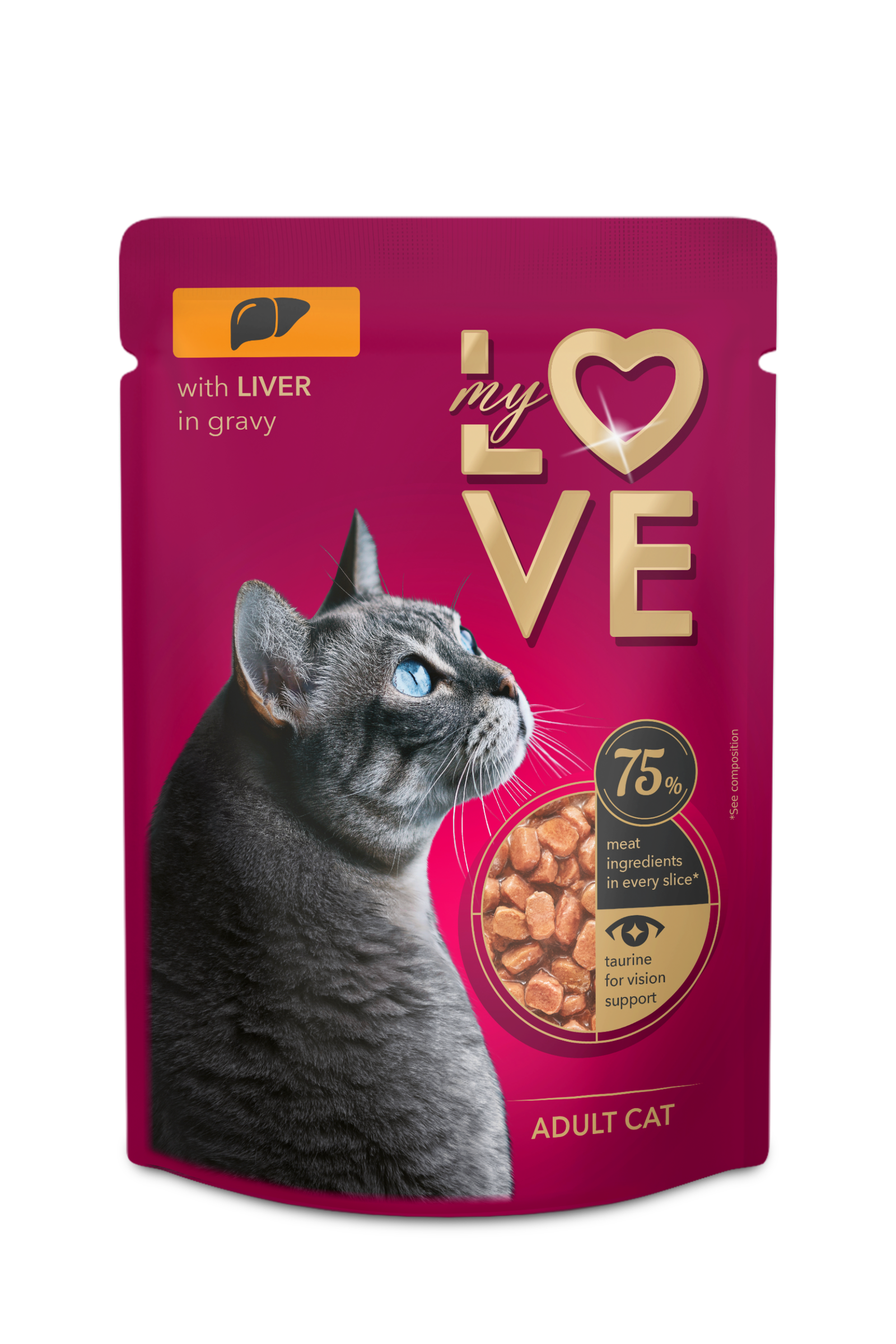 MY LOVE Visavertis konservuotas ėdalas suaugusioms katėms su kepenėlėmis švelniame padaže 85g. * 24vnt.
