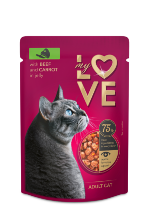 MY LOVE Visavertis konservuotas ėdalas suaugusioms katėms veršiena ir daržovėmis drebučiuose 85g. * 24vnt.