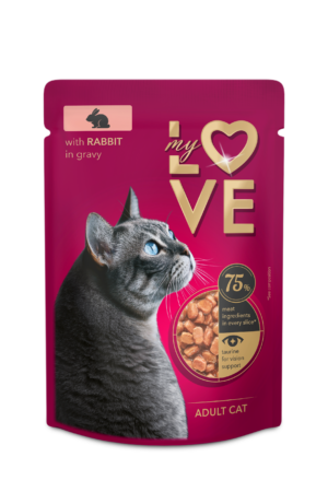 MY LOVE Visavertis konservuotas ėdalas suaugusioms katėms su triušiena švelniame padaže 85g. * 24vnt.
