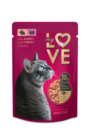 MY LOVE Visavertis konservuotas ėdalas suaugusioms katėm troškinys su triušiena ir kalakutiena 85g. * 24vnt.