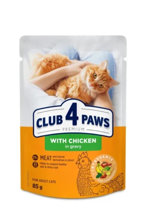 CLUB 4 PAWS PREMIUM "SU VIŠTIENA PADAŽE". PILNAVERTIS DRĖGNI PAŠARAI SUAUGUSIOMS KATĖMS 85g.