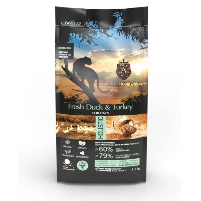 Ambrosia Fresh Duck & Turkey Sterilised begrūdis sausas maistas katėms su antiena ir kalakutiena 1,5kg.  - 5kg.