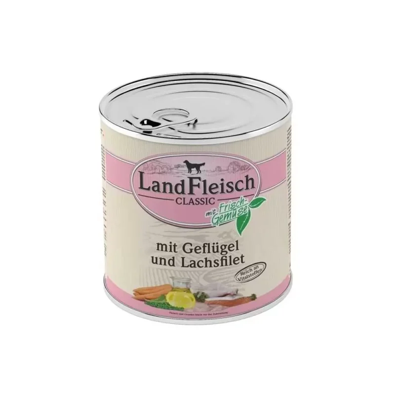 LandFleisch konservuotas maistas šunims su paukštiena ir lašiša 800g.