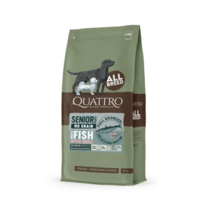 QUATTRO begrūdis visų veislių senjorų/dietinis šunų pašaras su balta žuvimi ir kriliu 12 kg
