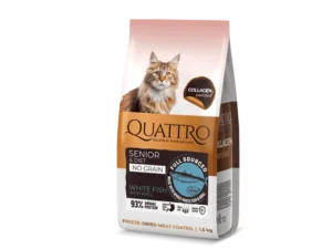 QUATTRO visavertis sausas dietinis/senstančių kačių maistas su balta žuvimi ir kriliu 7 kg