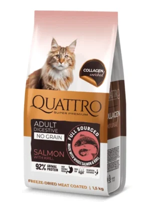 QUATTRO Collagen sausas pašaras jautrioms katėms su lašiša ir kriliu (begrūdis) 7 kg