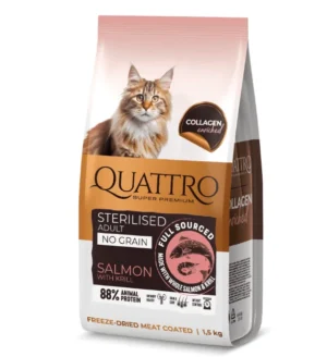 QUATTRO Collagen sausas pašaras sterilizuotoms katėms su lašiša (begrūdis) 7 kg