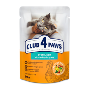 CLUB 4 PAWS PREMIUM SU KALAKUTIENA PADAŽE. VISAVERTIS KONSERVUOTAS PAŠARAS SUAUGUSIOMS STERILIZUOTOMS KATĖMS 80g x 24vnt.
