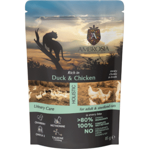 AMBROSIA Cat Adult Sterilized Duck & Chicken 85g konservai katėms su antiena ir vištiena