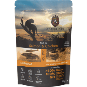 AMBROSIA Cat Adult Sterilized Salmon & Chicken 85g konservai katėms su lašiša ir vištiena