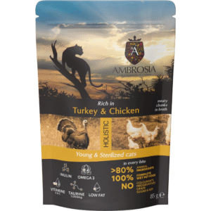 AMBROSIA Cat Kitten & Adult Sterilized Turkey & Chicken 85g konservai katėms su kalakutiena ir vištiena