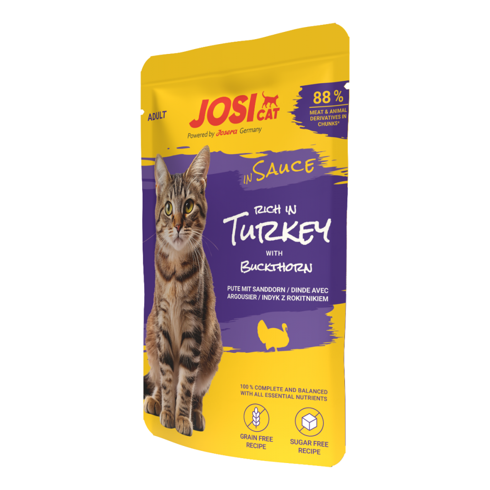JosiCat Rich in Turkey in Sauce, 85 g – konservai katėms su kalakutiena padaže